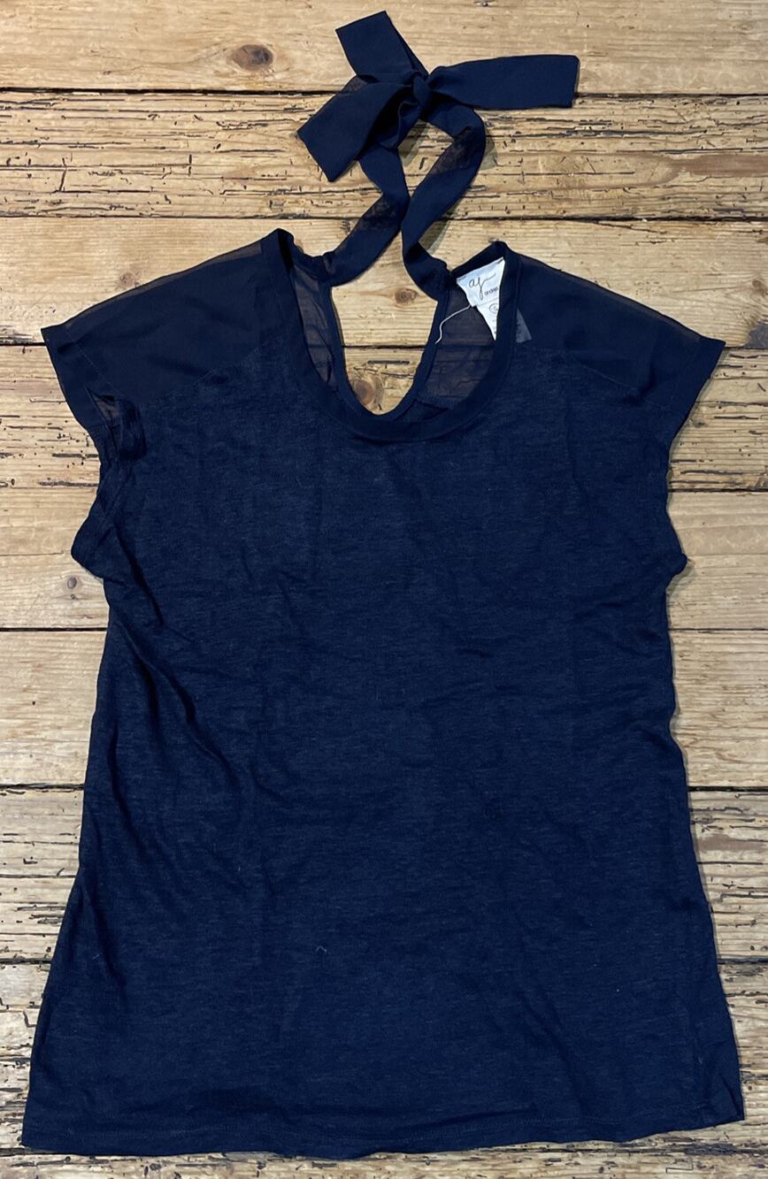 Andrea Jovine Women's Navy Size Small Short Sleeve V-Neck Hi-Low Shirt Blouse